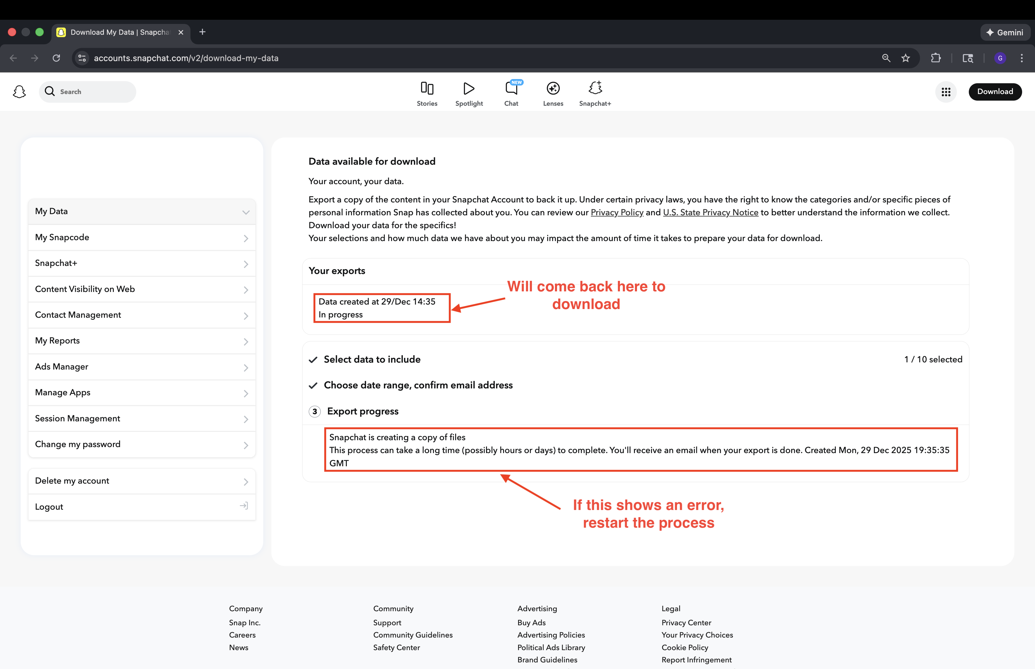 Processing status screen