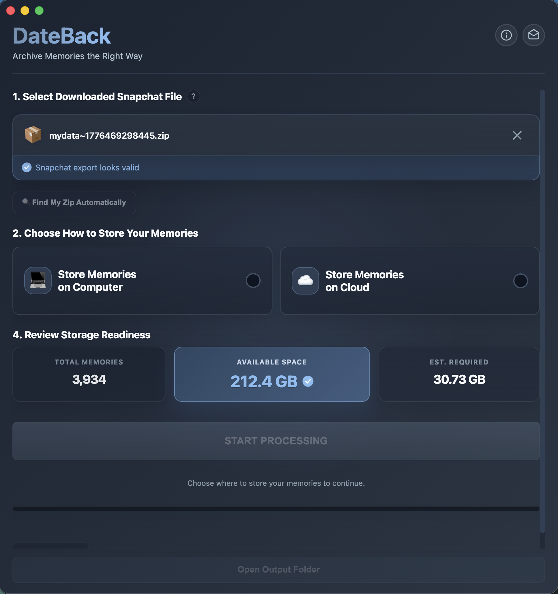 DateBack App Interface - Ready to Process Your Memories