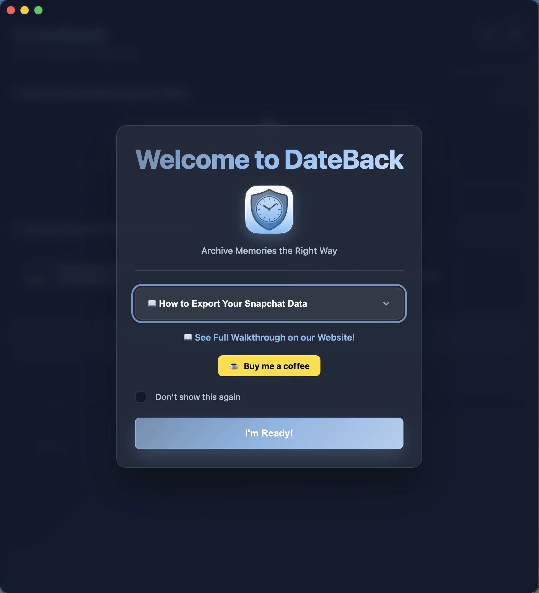 DateBack welcome screen