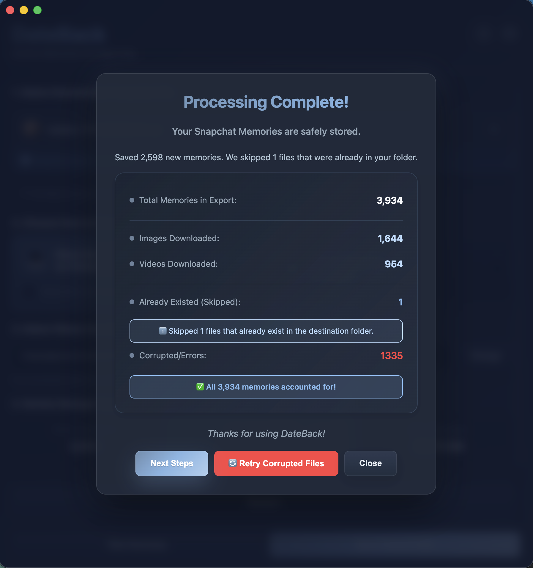 DateBack App - Processing Complete