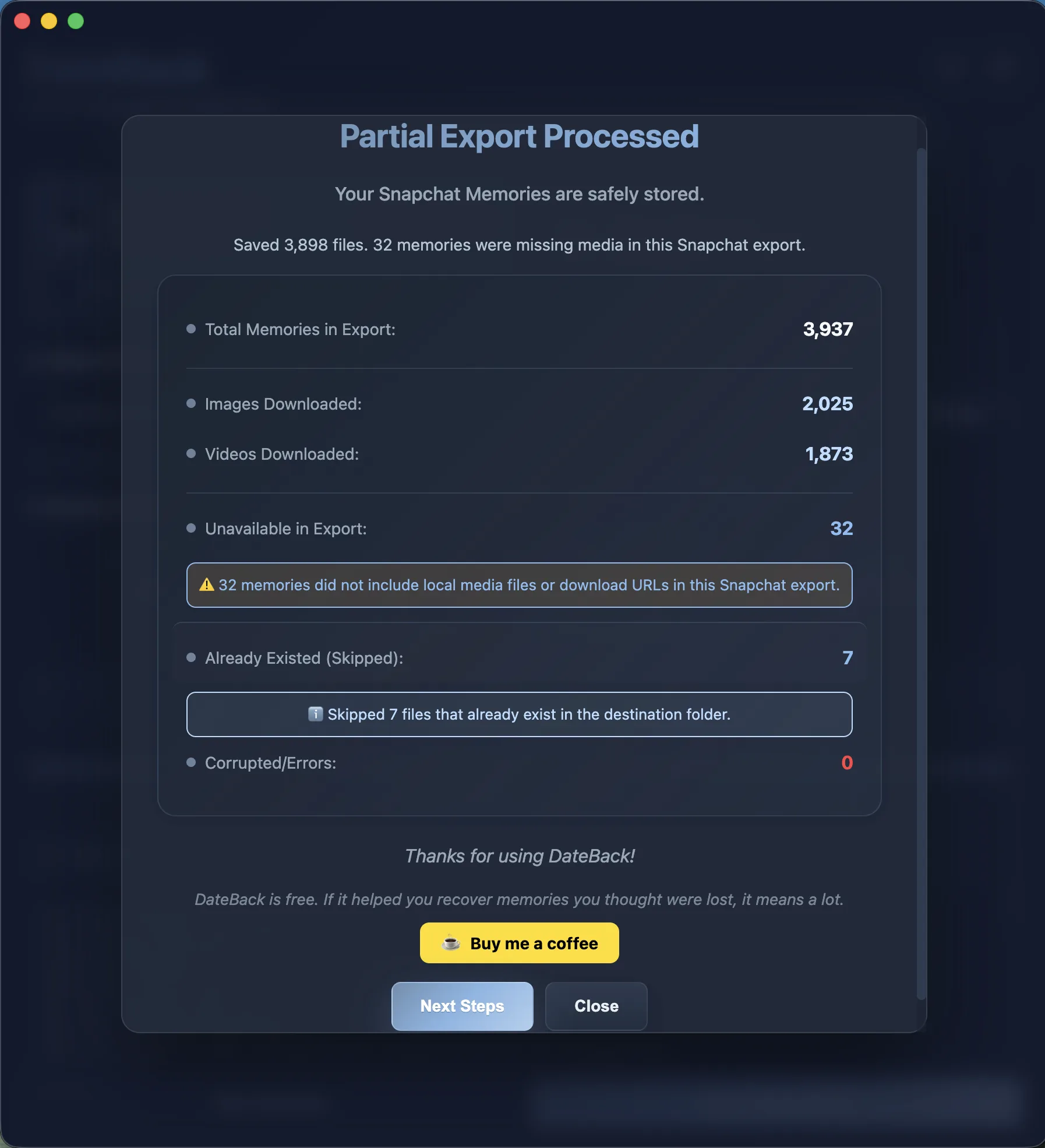 DateBack processing complete screen